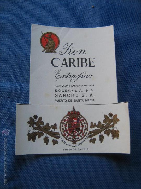 Etiquetas antiguas: ETIQUETA DE VINO - RON CARIBE EXTRA FINO - BODEGAS SANCHO - PUERTO DE SANTA MARIA