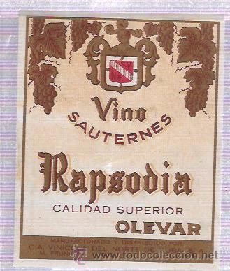 Etichette antiche: ETIQUETA DE VINO SATERNES. RAPSODIA. OLEVAR. LA HABANA.