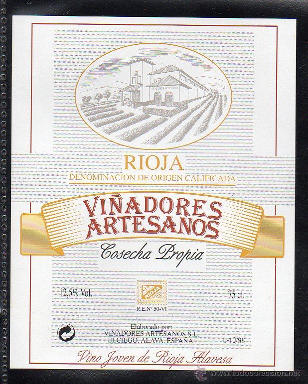 Etiquetas antiguas: ET0036, ETIQUETA DE VINO, VI&Ntilde;ADORES ARTESANOS, RIOJA.