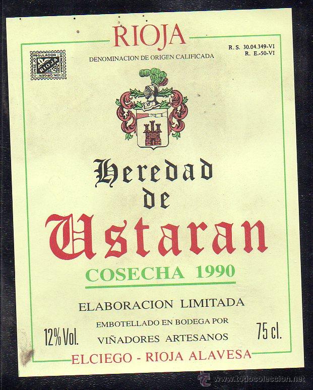 Etiquetas antiguas: ET0062, ETIQUETA DE VINO, HEREDAD DE USTARAN, COSECHA 1990, RIOJA.