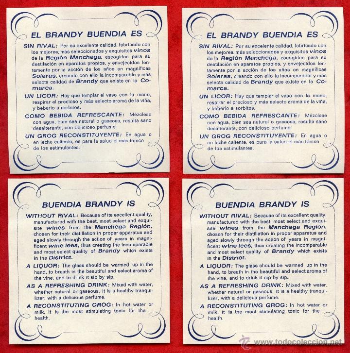 Alte Etiketten: 4 etiquetas publicitarias de Brandy buend&iacute;a Tomelloso 2 en espa&ntilde;ol + 2 en ingl&eacute;s