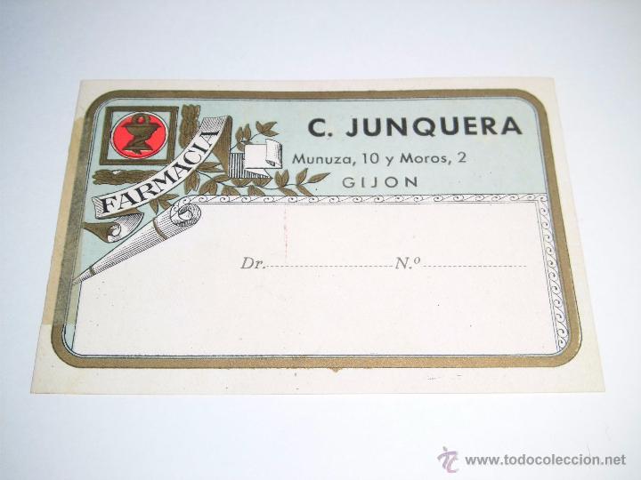 Etichette antiche: ANTIGUA ETIQUETA DE FARMACIA C.JUNQUERA MUNUZA 10 Y MOROS 2 GIJON(ASTURIAS)