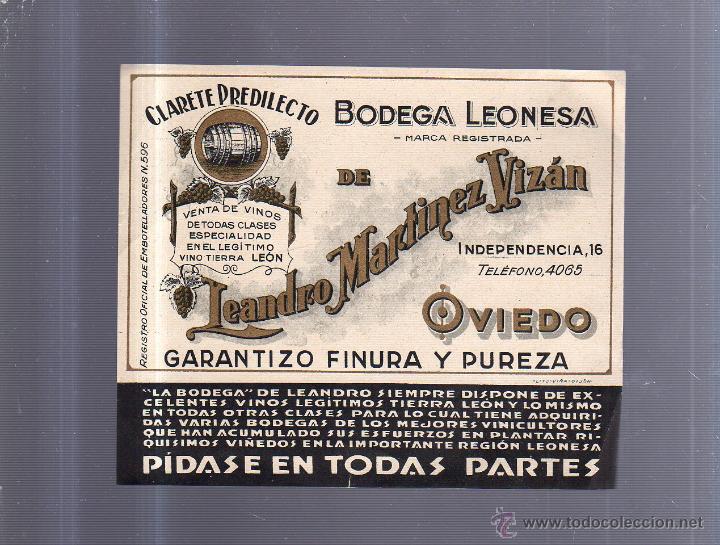 Old Labels: ETIQUETA VINO. CLARETE PREDILECTO. BODEGA LEONESA. LEANDRO MARTINEZ VIZAN. OVIEDO. 15 X 13CM