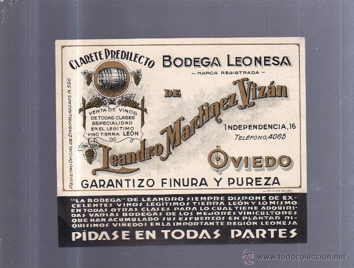 Old Labels: ETIQUETA VINO. CLARETE PREDILECTO. BODEGA LEONESA. LEANDRO MARTINEZ VIZAN. OVIEDO. 15 X 13CM