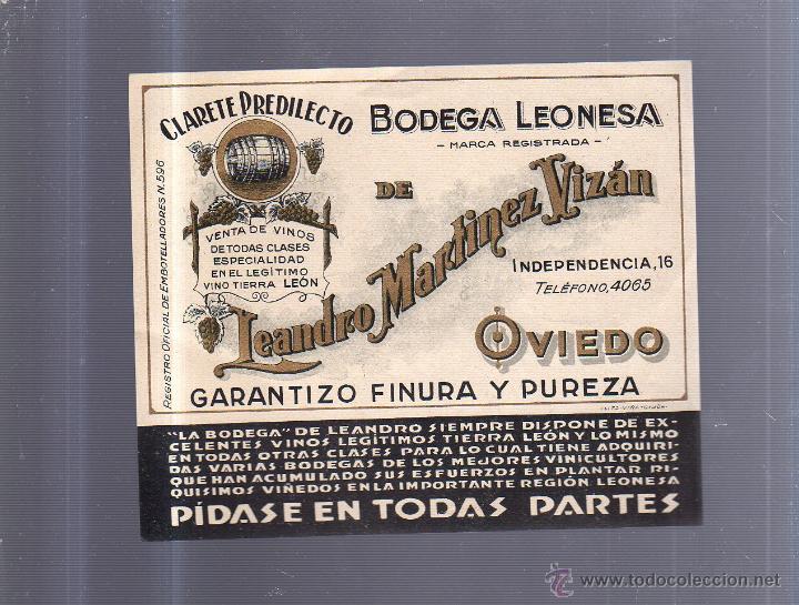 Old Labels: ETIQUETA VINO. CLARETE PREDILECTO. BODEGA LEONESA. LEANDRO MARTINEZ VIZAN. OVIEDO. 15 X 13CM