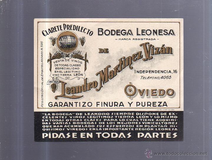 Old Labels: ETIQUETA VINO. CLARETE PREDILECTO. BODEGA LEONESA. LEANDRO MARTINEZ VIZAN. OVIEDO. 15 X 13CM