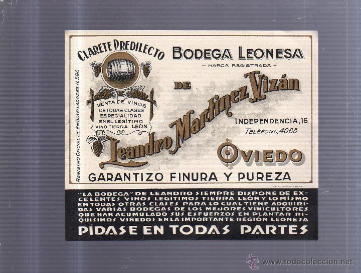 Old Labels: ETIQUETA VINO. CLARETE PREDILECTO. BODEGA LEONESA. LEANDRO MARTINEZ VIZAN. OVIEDO. 15 X 13CM