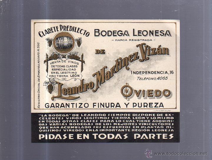 Old Labels: ETIQUETA VINO. CLARETE PREDILECTO. BODEGA LEONESA. LEANDRO MARTINEZ VIZAN. OVIEDO. 15 X 13CM