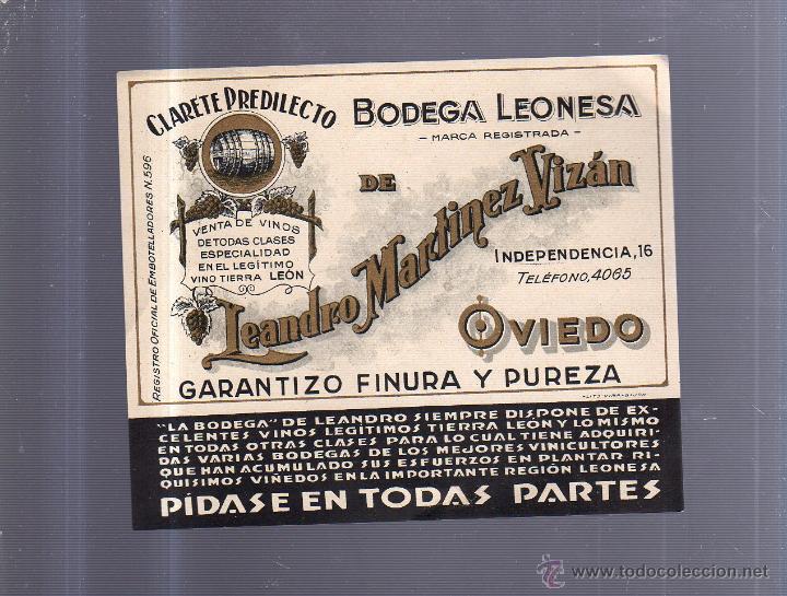 Old Labels: ETIQUETA VINO. CLARETE PREDILECTO. BODEGA LEONESA. LEANDRO MARTINEZ VIZAN. OVIEDO. 15 X 13CM