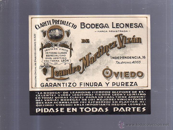 Old Labels: ETIQUETA VINO. CLARETE PREDILECTO. BODEGA LEONESA. LEANDRO MARTINEZ VIZAN. OVIEDO. 15 X 13CM