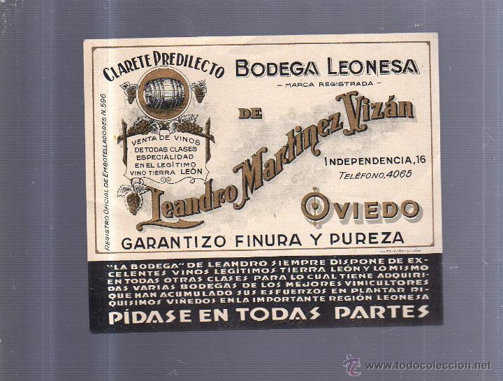 Old Labels: ETIQUETA VINO. CLARETE PREDILECTO. BODEGA LEONESA. LEANDRO MARTINEZ VIZAN. OVIEDO. 15 X 13CM
