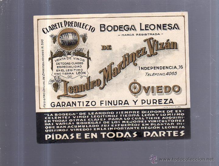 Old Labels: ETIQUETA VINO. CLARETE PREDILECTO. BODEGA LEONESA. LEANDRO MARTINEZ VIZAN. OVIEDO. 15 X 13CM