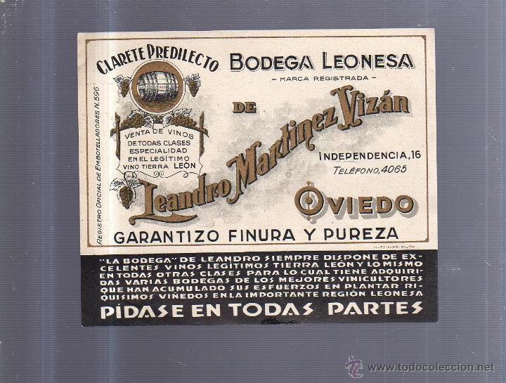 Old Labels: ETIQUETA VINO. CLARETE PREDILECTO. BODEGA LEONESA. LEANDRO MARTINEZ VIZAN. OVIEDO. 15 X 13CM