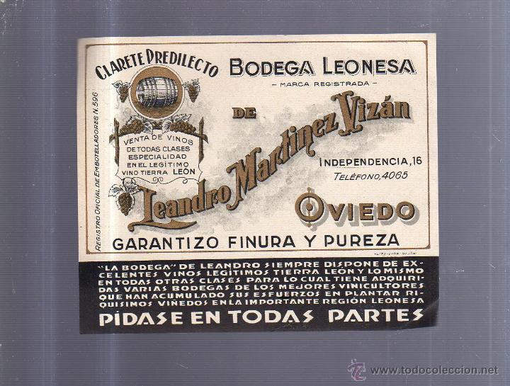 Old Labels: ETIQUETA VINO. CLARETE PREDILECTO. BODEGA LEONESA. LEANDRO MARTINEZ VIZAN. OVIEDO. 15 X 13CM