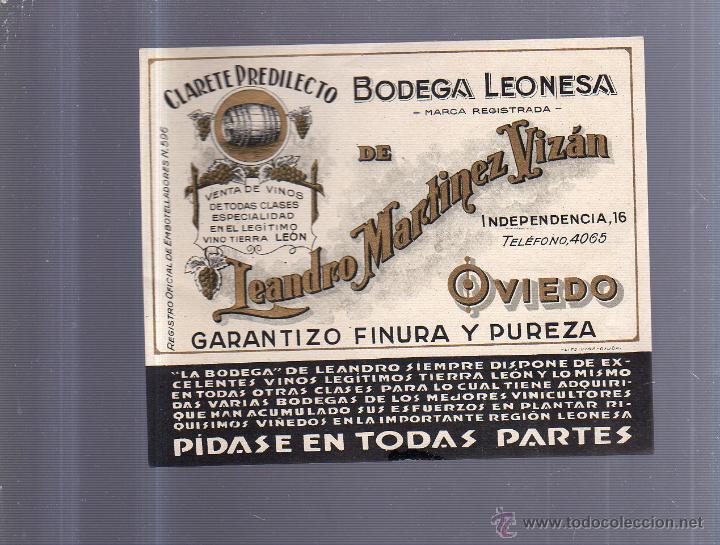 Old Labels: ETIQUETA VINO. CLARETE PREDILECTO. BODEGA LEONESA. LEANDRO MARTINEZ VIZAN. OVIEDO. 15 X 13CM