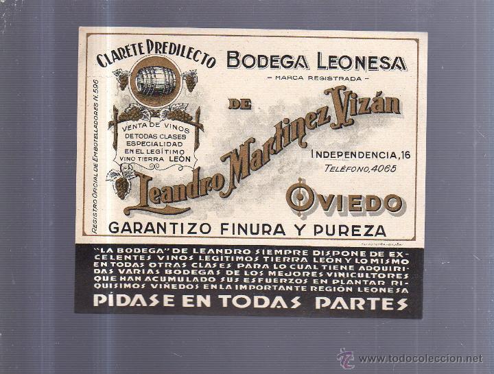 Old Labels: ETIQUETA VINO. CLARETE PREDILECTO. BODEGA LEONESA. LEANDRO MARTINEZ VIZAN. OVIEDO. 15 X 13CM