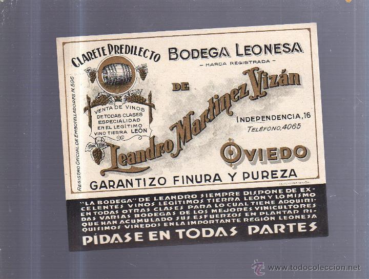 Old Labels: ETIQUETA VINO. CLARETE PREDILECTO. BODEGA LEONESA. LEANDRO MARTINEZ VIZAN. OVIEDO. 15 X 13CM