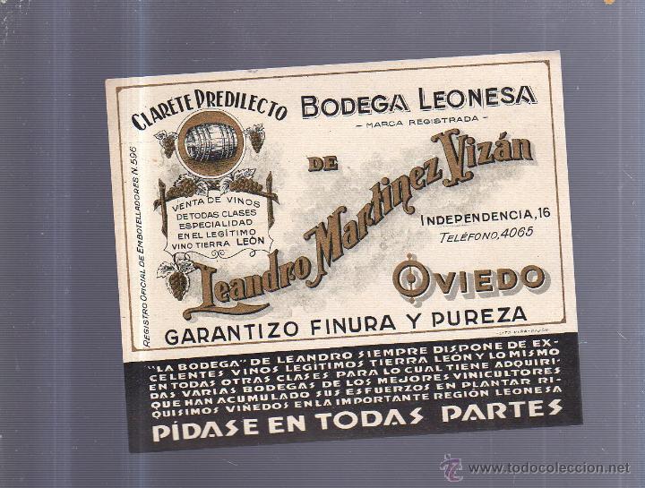 Old Labels: ETIQUETA VINO. CLARETE PREDILECTO. BODEGA LEONESA. LEANDRO MARTINEZ VIZAN. OVIEDO. 15 X 13CM