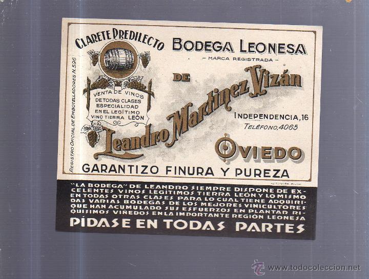 Old Labels: ETIQUETA VINO. CLARETE PREDILECTO. BODEGA LEONESA. LEANDRO MARTINEZ VIZAN. OVIEDO. 15 X 13CM