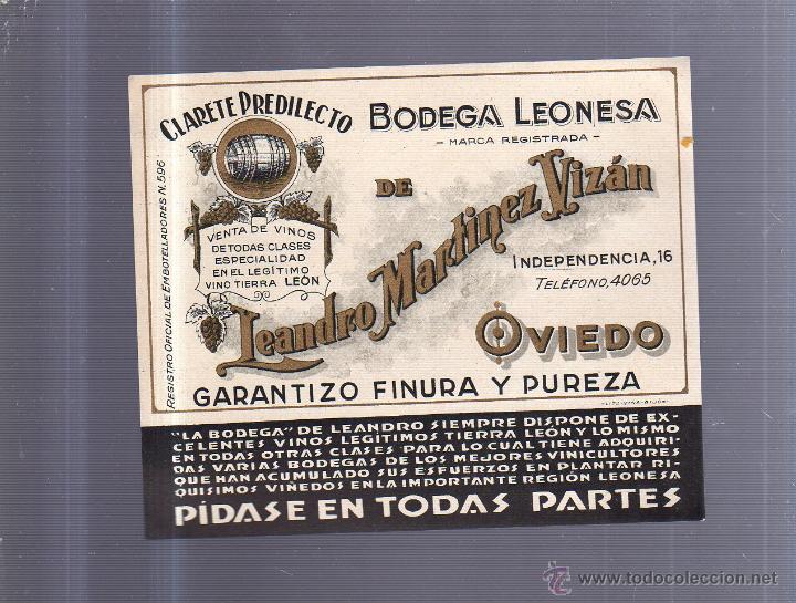 Old Labels: ETIQUETA VINO. CLARETE PREDILECTO. BODEGA LEONESA. LEANDRO MARTINEZ VIZAN. OVIEDO. 15 X 13CM