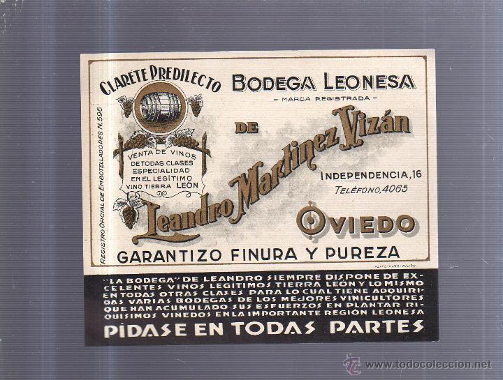 Old Labels: ETIQUETA VINO. CLARETE PREDILECTO. BODEGA LEONESA. LEANDRO MARTINEZ VIZAN. OVIEDO. 15 X 13CM