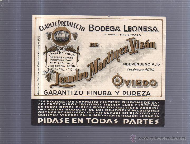 Old Labels: ETIQUETA VINO. CLARETE PREDILECTO. BODEGA LEONESA. LEANDRO MARTINEZ VIZAN. OVIEDO. 15 X 13CM