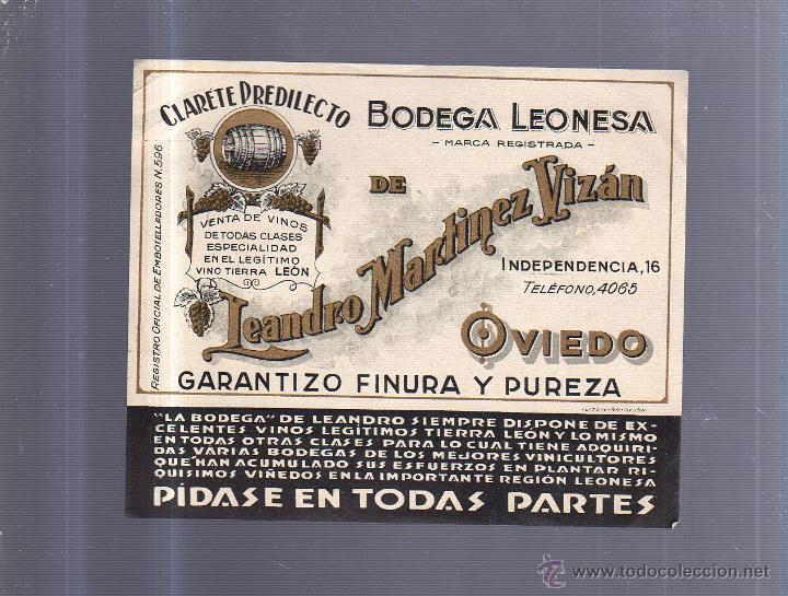 Old Labels: ETIQUETA VINO. CLARETE PREDILECTO. BODEGA LEONESA. LEANDRO MARTINEZ VIZAN. OVIEDO. 15 X 13CM