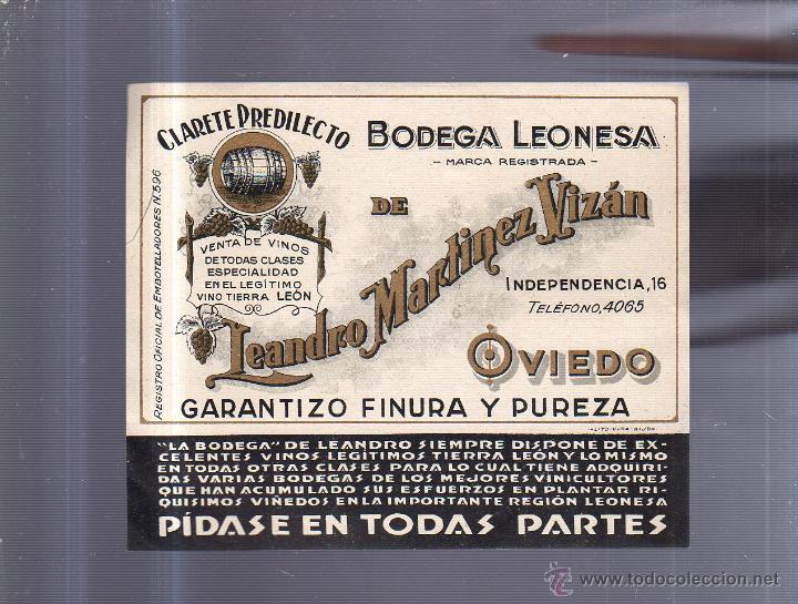 Old Labels: ETIQUETA VINO. CLARETE PREDILECTO. BODEGA LEONESA. LEANDRO MARTINEZ VIZAN. OVIEDO. 15 X 13CM