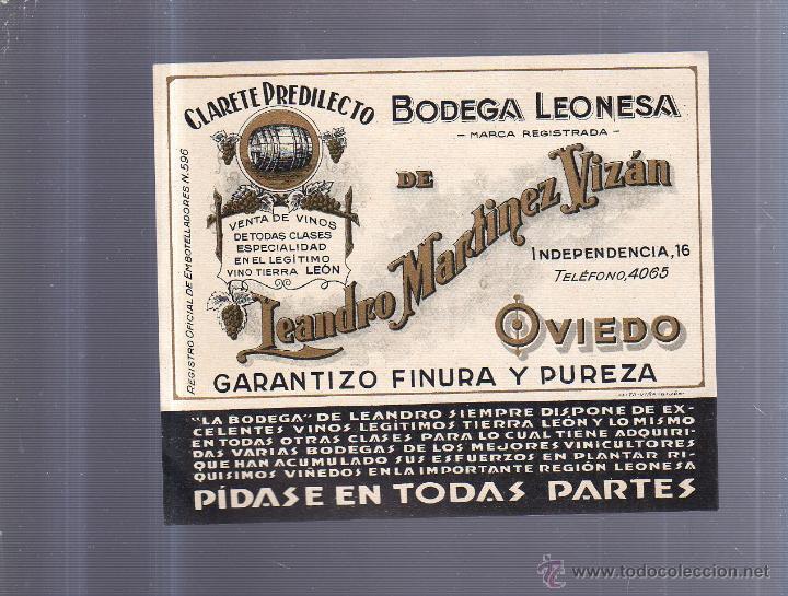 Old Labels: ETIQUETA VINO. CLARETE PREDILECTO. BODEGA LEONESA. LEANDRO MARTINEZ VIZAN. OVIEDO. 15 X 13CM