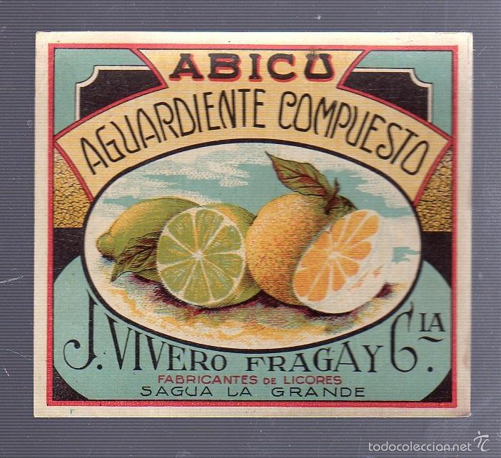 Alte Etiketten: ETIQUETA. AGUARDIENTE COMPUESTO. ABICU. J.VIVERO FRAGA Y CIA. SAGUA LA GRANDE. 10 X 9CM