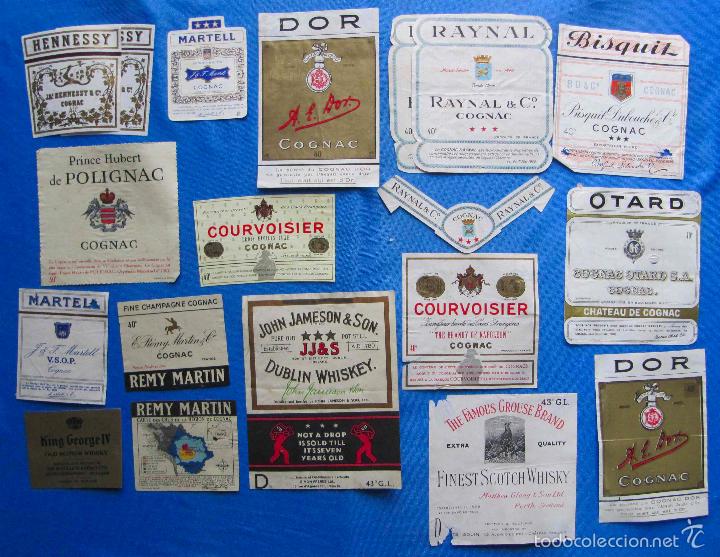 Etiquetas antiguas: 13 ETIQUETAS DE WHISKY Y COGNAC - co&ntilde;ac- DIFERENTES (+ 2 REPETIDAS + 1 COLLAR&Iacute;N). FRANCIA. A&Ntilde;OS 60