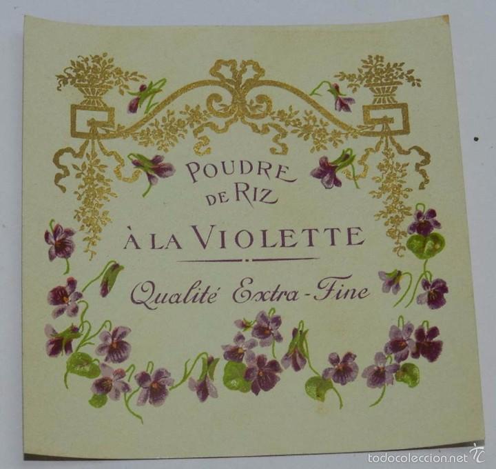 Etiquetas antiguas: Etiqueta de perfumeria POUDRE DE RIZ. A LA VIOLETTE, Modernista. Art nouveau perfum label, etiquette