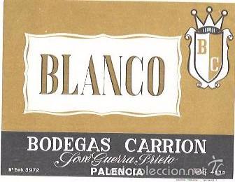 Alte Etiketten: ETIQUETA DE VINO BLANCO. BODEGAS CARRION. JOS&Eacute; GUERRA PRIETO. PALENCIA.