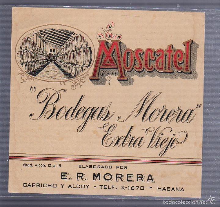 Alte Etiketten: ETIQUETA. MOSCATEL. BODEGAS MORERA EXTRA VIEJO. HABANA. 12 X 12CM