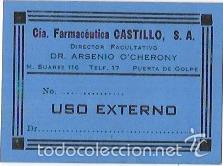 Alte Etiketten: ETIQUETA DE FARMACIA. C&Iacute;A. FARMAC&Eacute;UTICA CASTILLO, S.A. USO EXTERNO.
