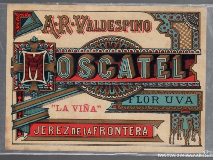 Old Labels: ETIQUETA DE MOSCATEL. FLOR UVA. LA VI&Ntilde;A. A.R.VALDESPINO. JEREZ DE LA FRONTERA. 12 X 9CM