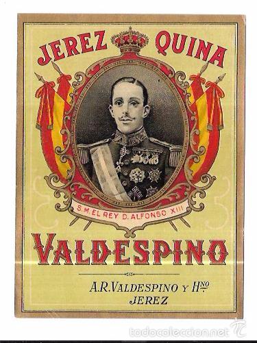 Etiquetas antiguas: ETIQUETA DE JEREZ QUINA. S. M. EL REY D. ALFONSO XIII. A.R. VALDESPINO Y HNO. JEREZ.