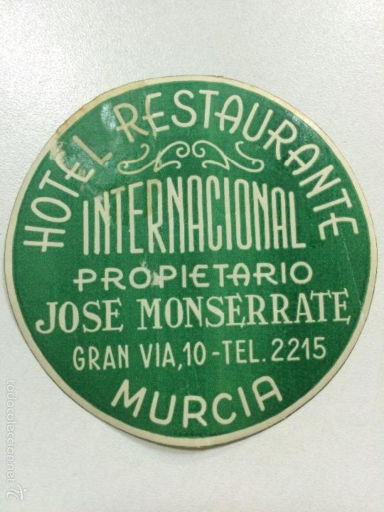 Etiquetas antiguas: ETIQUETA HOTEL RESTAURANTE INTERNACIONAL, MURCIA , ESPA&Ntilde;A, LUGGAGE LABEL, 8 CM DIAMETRO.
