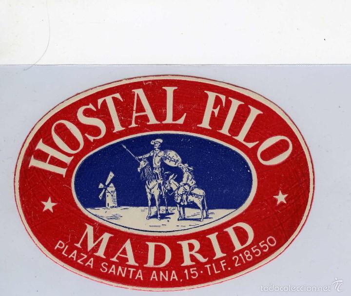 Etiquetas antiguas: QUIJOTE Y SANCHO EN ETIQUETA DEL DESAPARECIDO HOSTAL FILO, DE MADRID. TAMA&Ntilde;O 12x8,5 CM. ..........