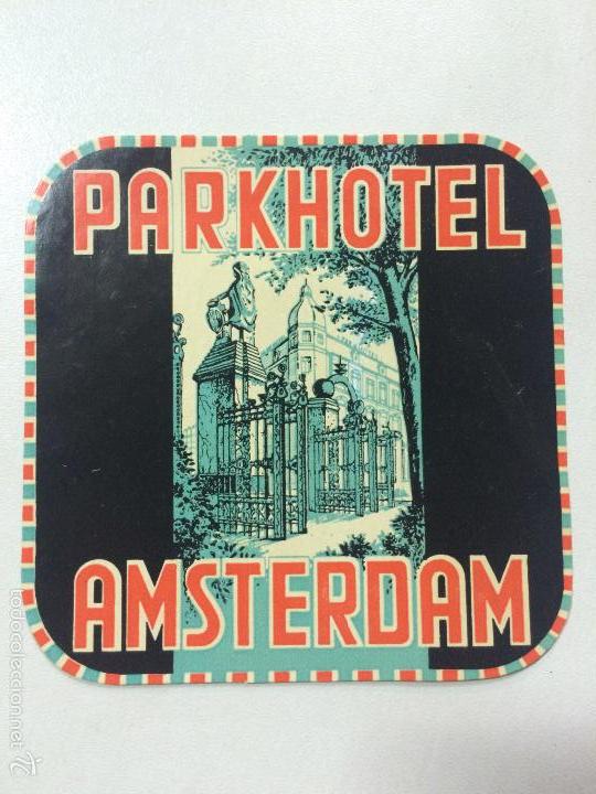Etiquetas antiguas: ETIQUETA HOTEL PARKHOTEL AMSTERDAM HOLANDA,LUGGAGE LABEL, MEDIDAS 9,7 X 9,7 CM.