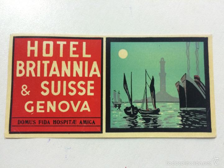 Etiquetas antiguas: ETIQUETA HOTEL BRITANNIA, GENOVA SUIZA, LUGGAGE LABEL, MEDIDAS 11,9 X 6 CM.