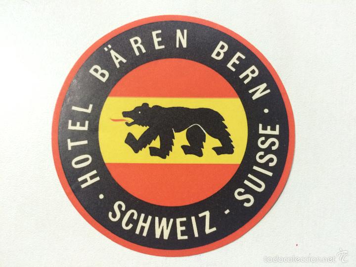 Etiquetas antiguas: ETIQUETA HOTEL B&Auml;REN BERN, BERNA SUIZA, LUGGAGE LABEL, MEDIDAS 8,8 CM.