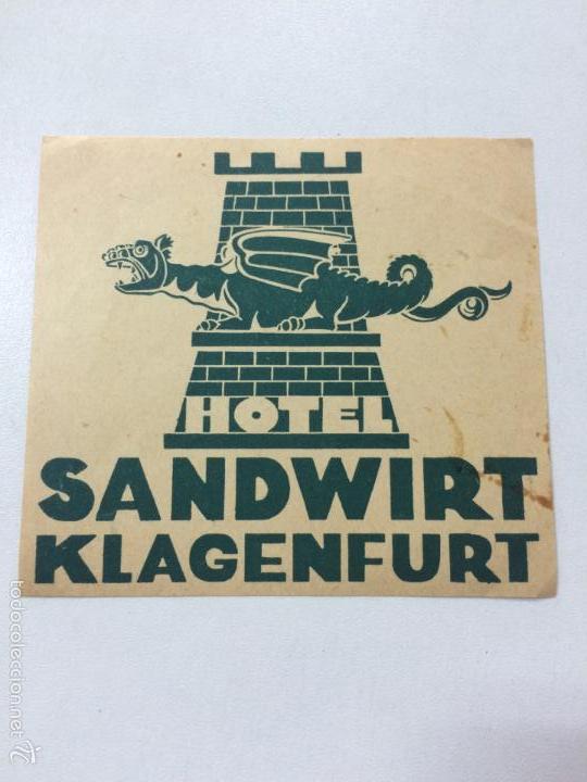 Etiquetas antiguas: ETIQUETA HOTEL SANDWIRT KLAGENFURT, ALEMANIA, MEDIDAS 10,2 X 9,2 CM.