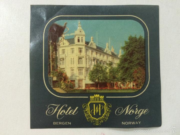 Etiquetas antiguas: ETIQUETA HOTEL NORGE , BERGEN NORUEGA , LUGGAGE LABEL, MEDIDAS 9,5 X 9 CM.