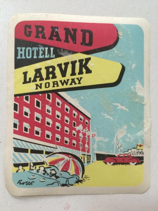 Etiquetas antiguas: ETIQUETA GRAND HOTEL LARVIK NORUEGA, LUGGAGE LABEL, MEDIDAS 11 X 9 CM.