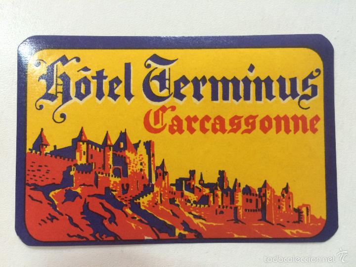 Etiquetas antiguas: ETIQUETA HOTEL TERMINUS, CARCASSONNE FRANCIA, LUGGAGE LABEL, MEDIDAS 11,9 X 7,7 CM