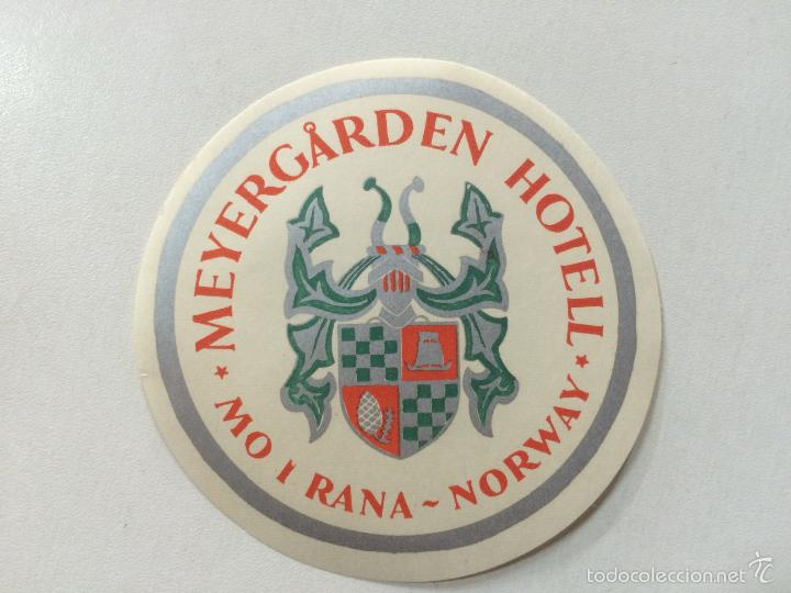 Etiquetas antiguas: ETIQUETA HOTEL MEYERGARDEN HOTEL, MO I RANA NORUEGA, LUGGAGE LABEL, MEDIDAS 9,5 CM DIAMETRO.