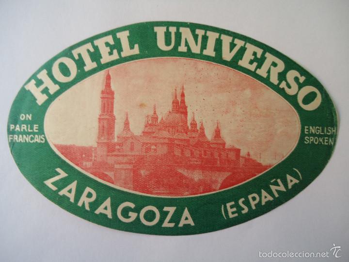 Etiquetas antiguas: ETIQUETA DE HOTEL UNIVERSO DE ZARAGOZA. COLOR VERDE