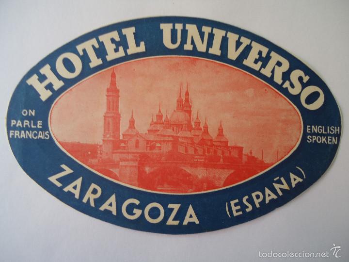 Etiquetas antiguas: ETIQUETA DE HOTEL UNIVERSO DE ZARAGOZA. COLOR AZUL