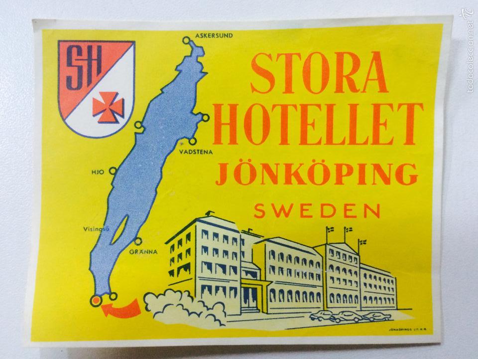 Etiquetas antiguas: ETIQUETA HOTEL STORA HOTELLET, JONKOPING SUECIA, LUGGAGE LABEL, MEDIDAS 10 X 7,9 CM